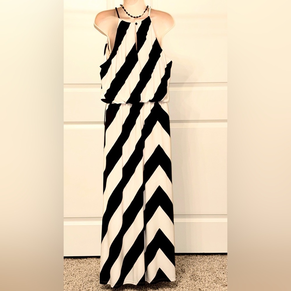 London Times Petite Black and White Striped Maxi Dress 14P - Picture 3 of 11